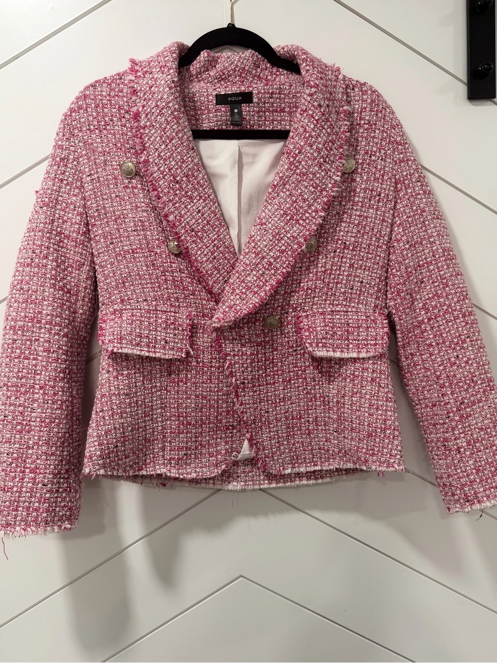Aqua Womens Blazer Jacket Small Tweed Pink Double Breasted Frayed Hems Lined
